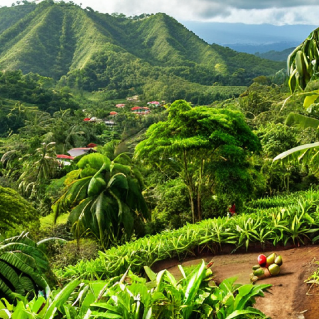 ** Lush Jamaican landscape with organic mango, avocado, and coffee plants. Local farmers harvesting crops. Focus on vibrant colors and healthy produce.

**