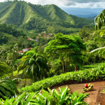 ** Lush Jamaican landscape with organic mango, avocado, and coffee plants. Local farmers harvesting crops. Focus on vibrant colors and healthy produce.

**