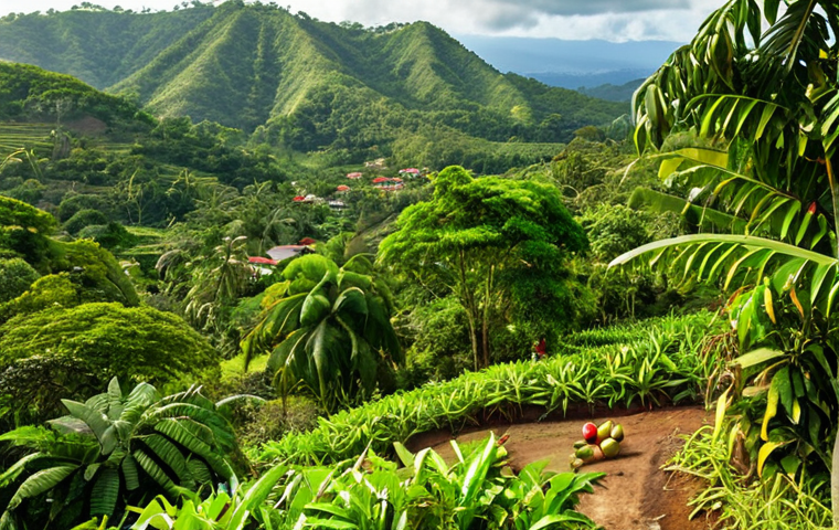 ** Lush Jamaican landscape with organic mango, avocado, and coffee plants. Local farmers harvesting crops. Focus on vibrant colors and healthy produce.
**