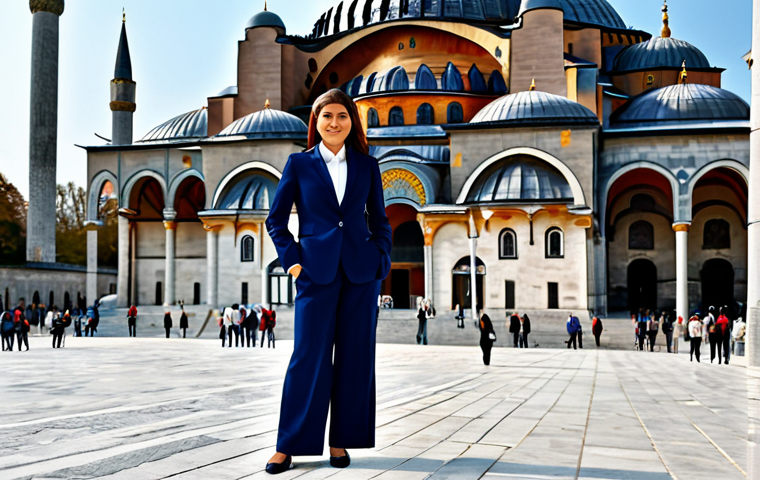 **

"A professional businesswoman in a tailored, fully clothed dark blue business suit, standing confidently in front of the Hagia Sophia in Istanbul, Turkey. Appropriate attire, safe for work, perfect anatomy, correct proportions, natural pose, professional photography, high quality, modest, family-friendly."

**