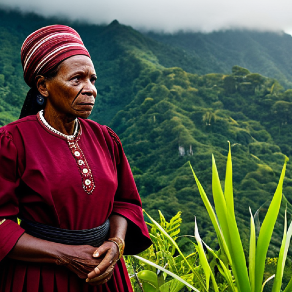 자메이카 노예제 역사 - Maroon Resistance Leader**
"A determined leader, possibly female, fully clothed in traditional Maro...