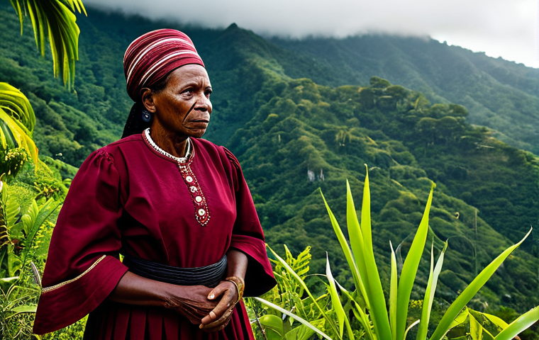자메이카 노예제 역사 - Maroon Resistance Leader**
"A determined leader, possibly female, fully clothed in traditional Maro...