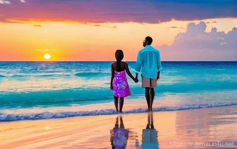 자메이카에서 안전한 숙소 찾기 - **Prompt 1: Serene Sunset at Negril's Seven Mile Beach**
A wide shot of Negril's iconic Seven Mi...