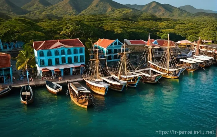 자메이카의 해적 역사 - **Prompt: Bustling Port Royal Harbor at Sunset**
A vibrant, panoramic view of Port Royal harbor,...