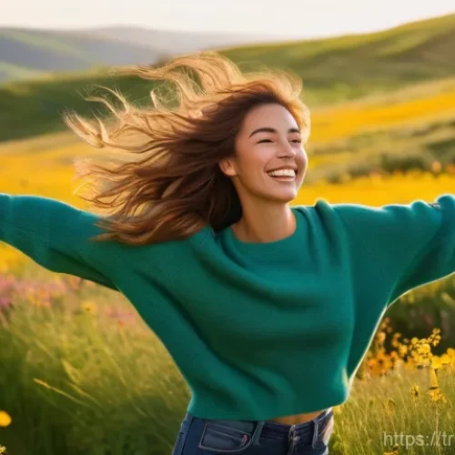 Home 25 자메이카 음악 페스티벌 일정 - A joyful young woman, fully clothed in a stylish long-sleeved sweater and jeans, is playfully skippi...